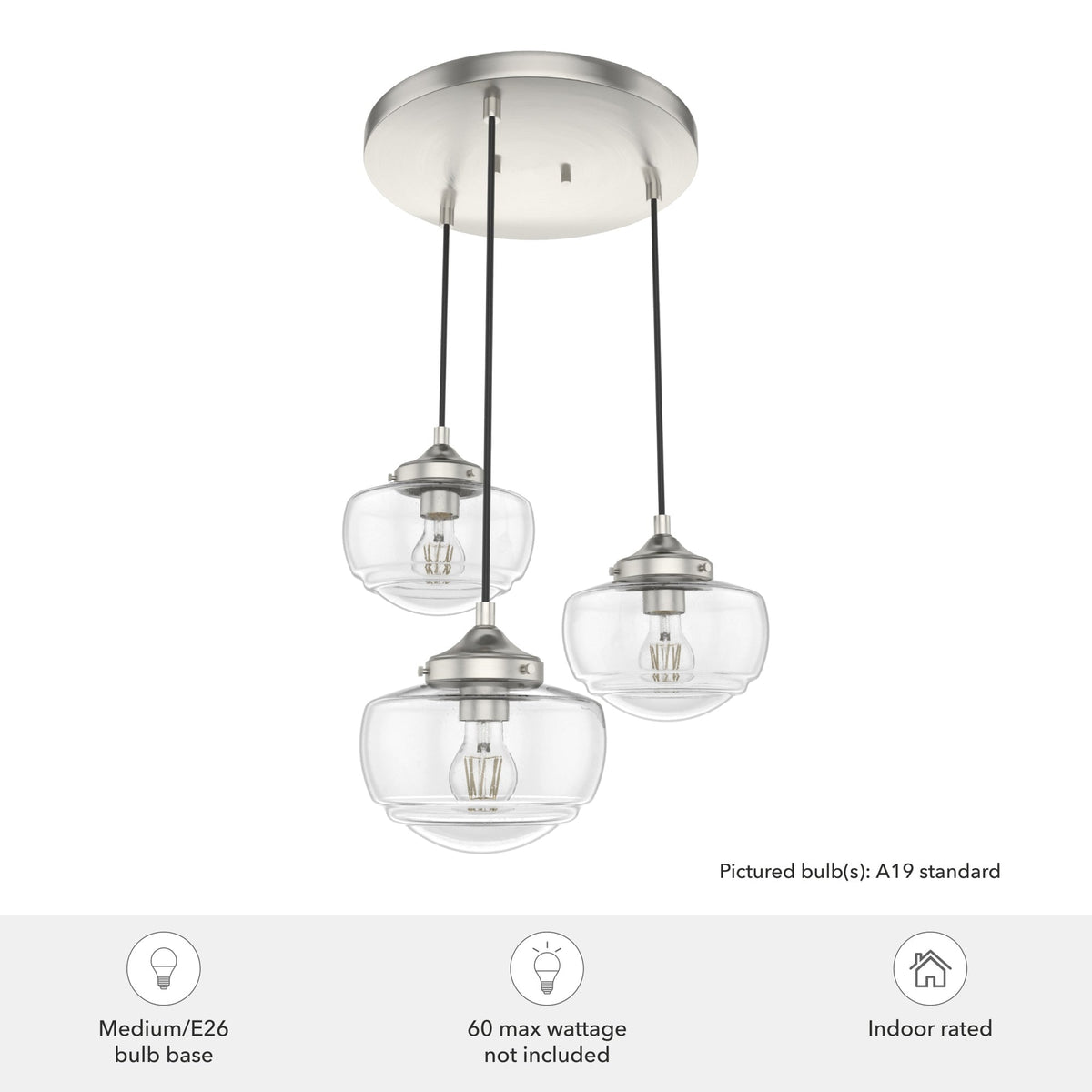Hunter Saddle Creek 3-Light Brushed Nickel Transitional Seeded Glass LED Small Hanging
