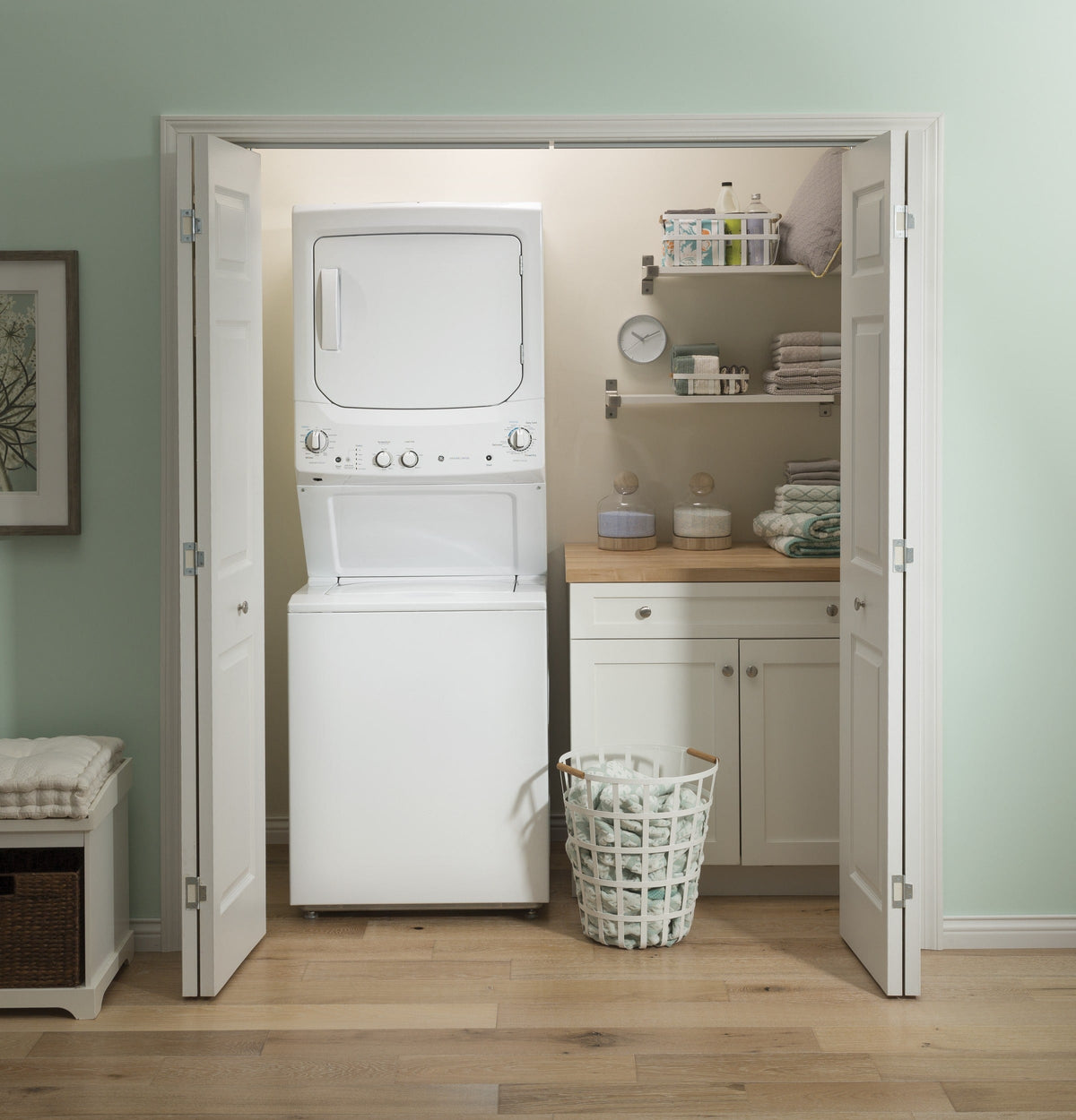 GE Electric Stacked Laundry Center with 3.8-cu ft Washer and 5.9-cu ft Dryer, White