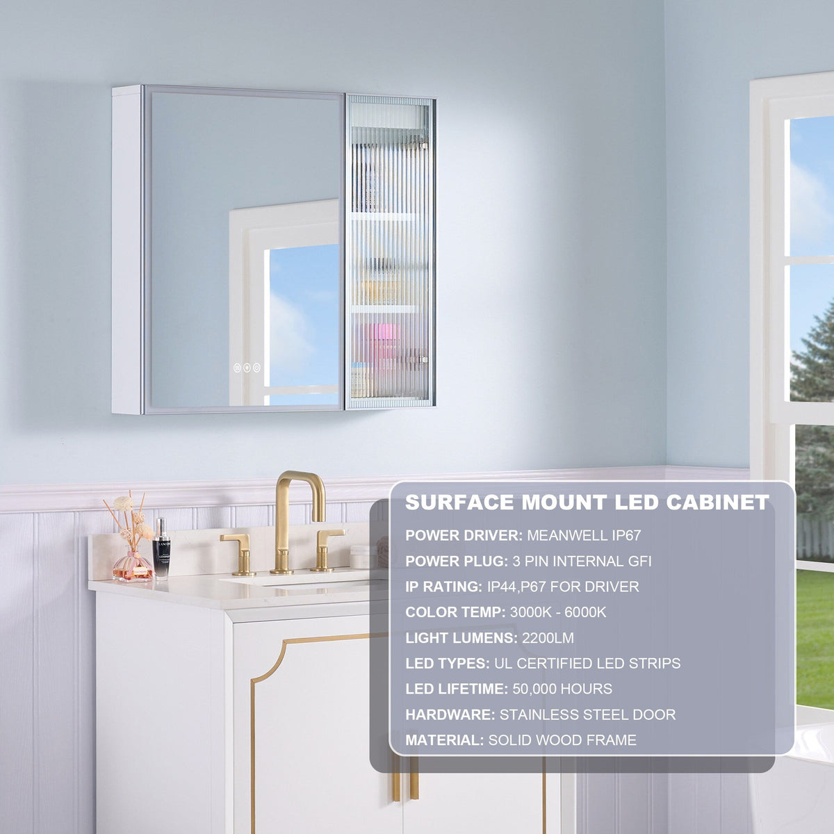 WELLFOR FLORA Solid Wood 30-in x 28-in Lighted LED Surface Mount White Mirrored Soft Close Medicine Cabinet