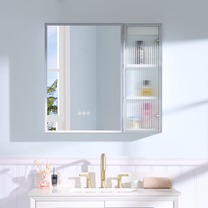 WELLFOR FLORA Solid Wood 30-in x 28-in Lighted LED Surface Mount White Mirrored Soft Close Medicine Cabinet