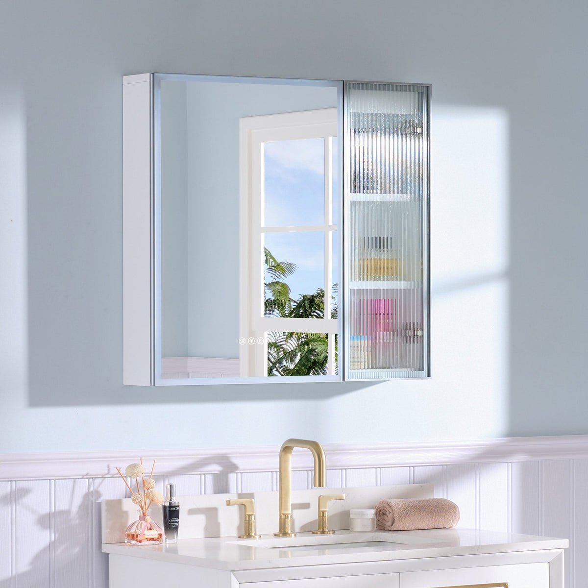 WELLFOR FLORA Solid Wood 30-in x 28-in Lighted LED Surface Mount White Mirrored Soft Close Medicine Cabinet