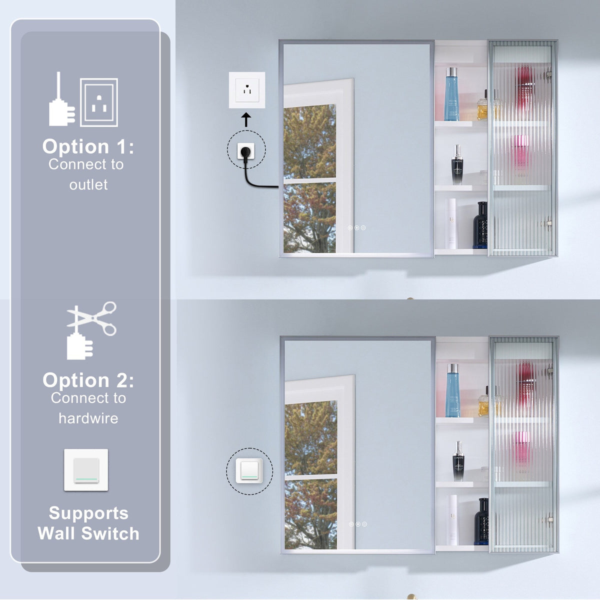 WELLFOR FLORA Solid Wood 36-in x 28-in Lighted LED Surface Mount White Mirrored Soft Close Medicine Cabinet