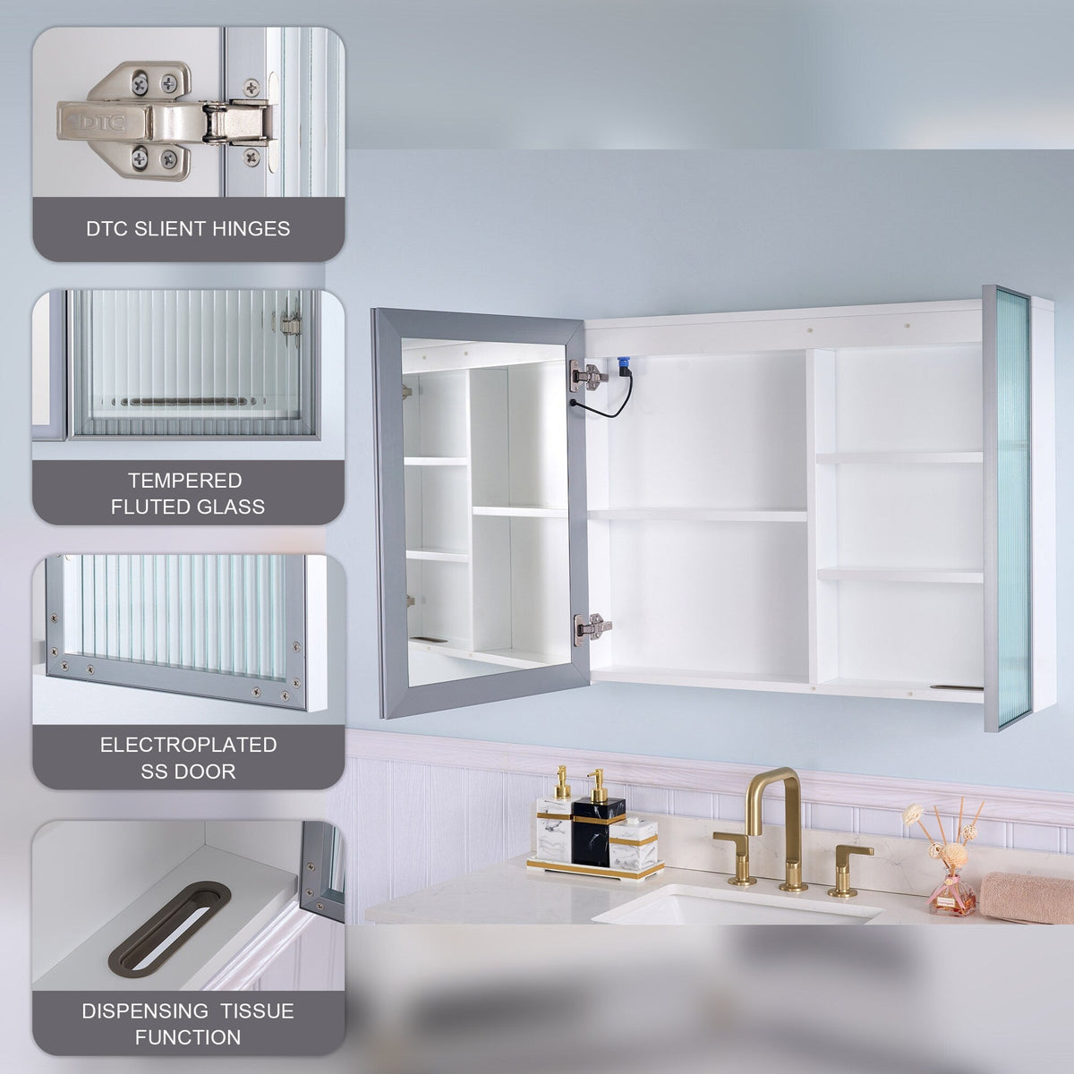 WELLFOR FLORA Solid Wood 36-in x 28-in Lighted LED Surface Mount White Mirrored Soft Close Medicine Cabinet