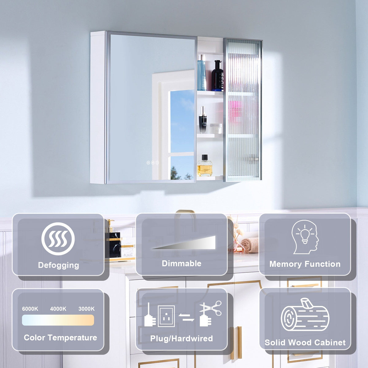 WELLFOR FLORA Solid Wood 36-in x 28-in Lighted LED Surface Mount White Mirrored Soft Close Medicine Cabinet
