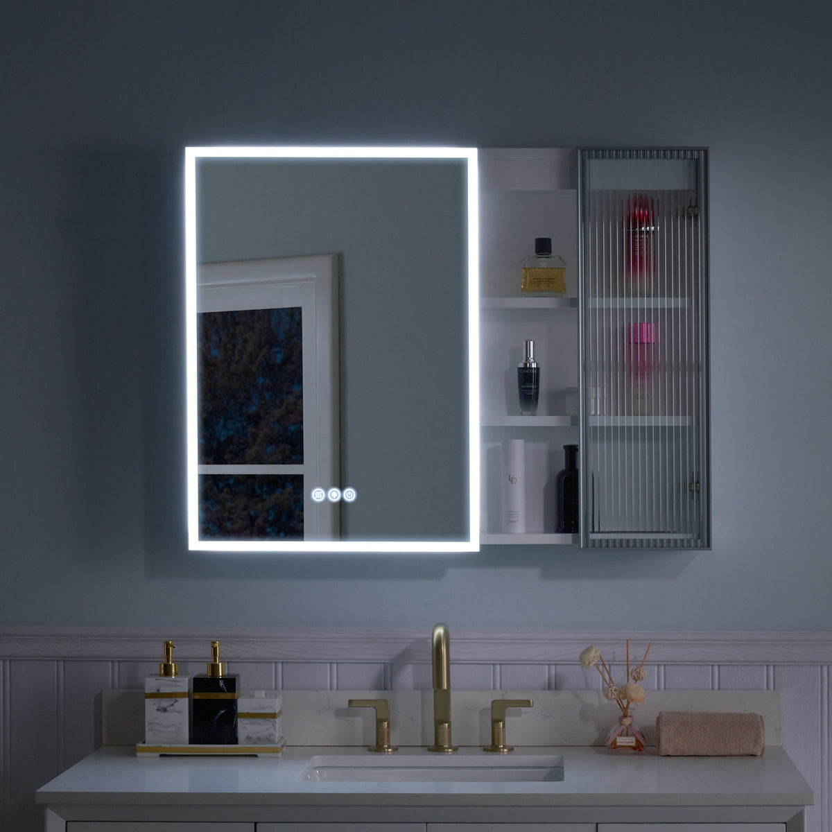 WELLFOR FLORA Solid Wood 36-in x 28-in Lighted LED Surface Mount White Mirrored Soft Close Medicine Cabinet