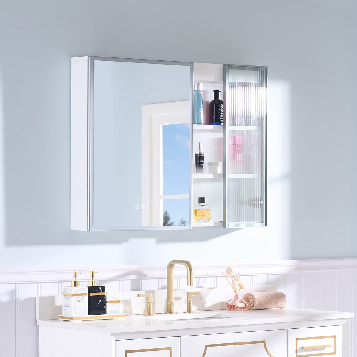 WELLFOR FLORA Solid Wood 36-in x 28-in Lighted LED Surface Mount White Mirrored Soft Close Medicine Cabinet