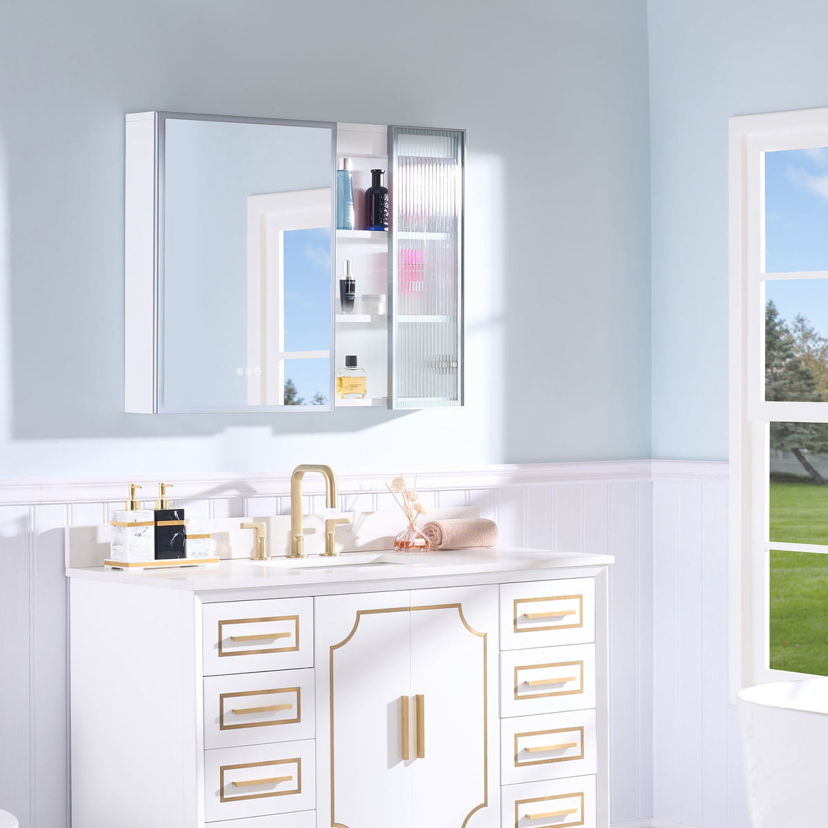WELLFOR FLORA Solid Wood 36-in x 28-in Lighted LED Surface Mount White Mirrored Soft Close Medicine Cabinet