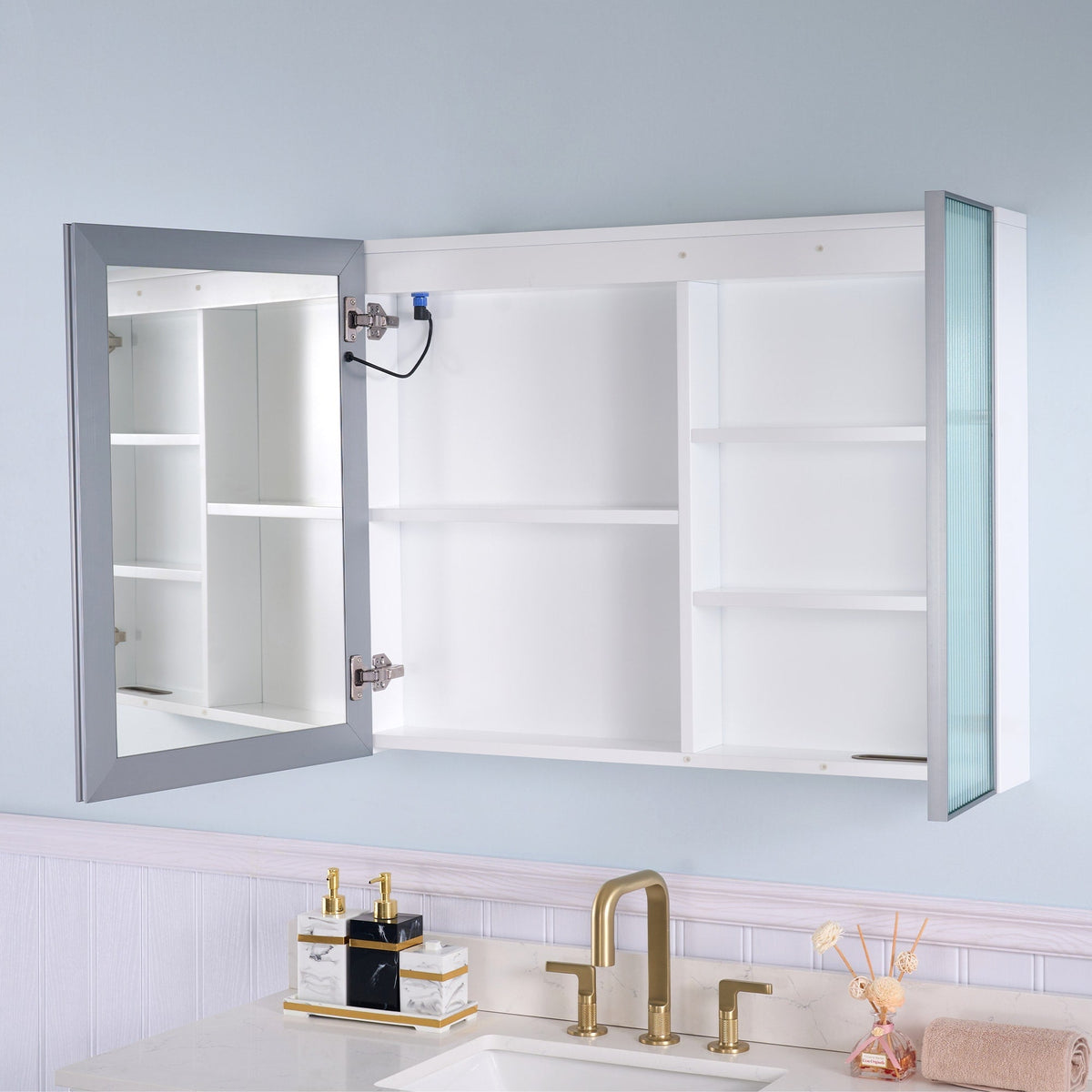 WELLFOR FLORA Solid Wood 36-in x 28-in Lighted LED Surface Mount White Mirrored Soft Close Medicine Cabinet
