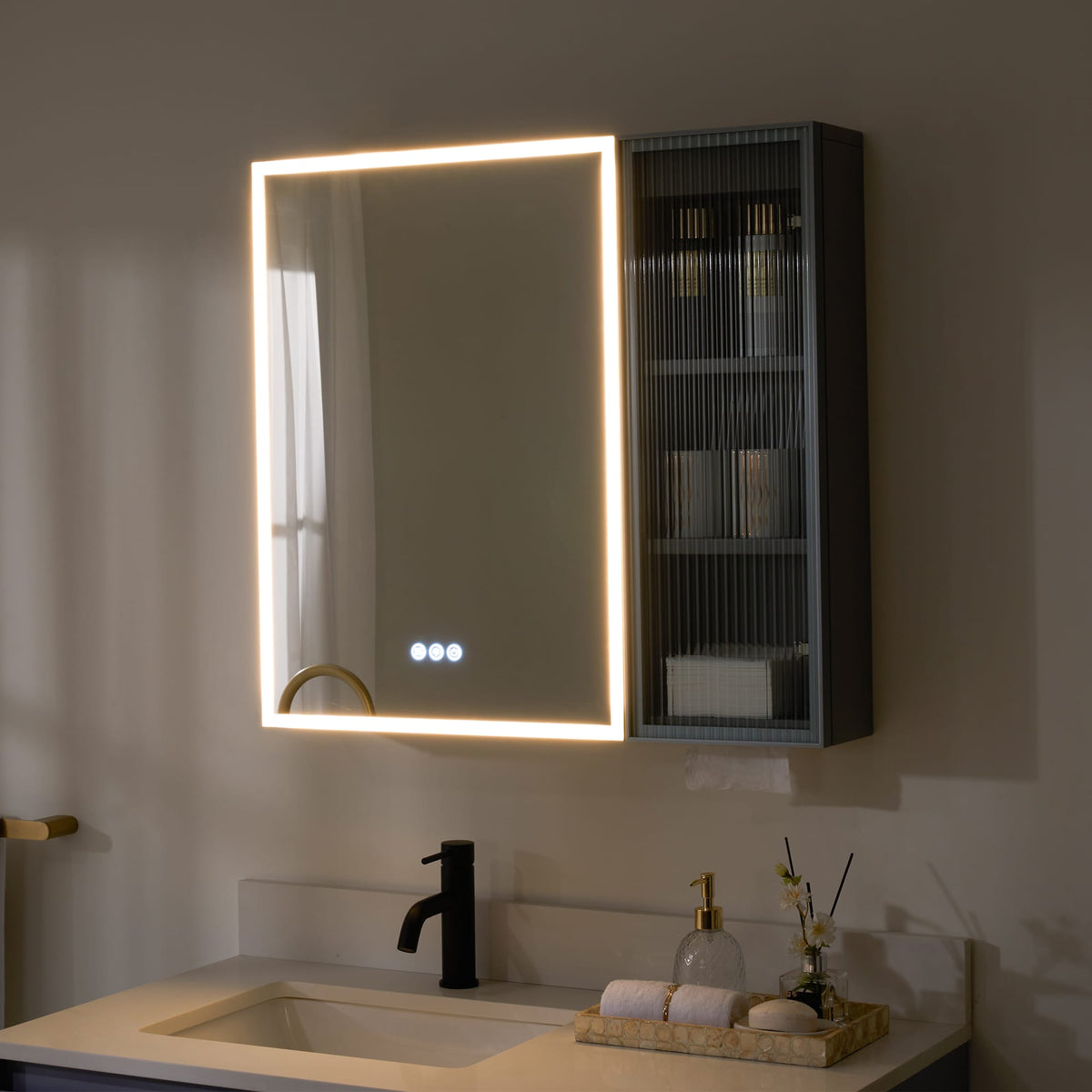 WELLFOR FLORA Solid Wood 30-in x 28-in Lighted LED Surface Mount Gray Mirrored Soft Close Medicine Cabinet