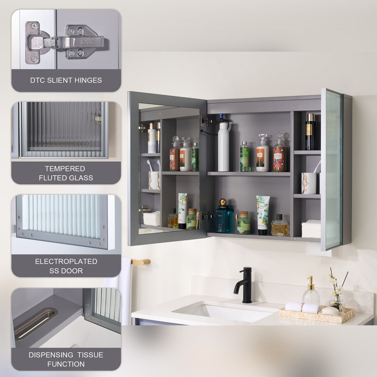 WELLFOR FLORA Solid Wood 30-in x 28-in Lighted LED Surface Mount Gray Mirrored Soft Close Medicine Cabinet