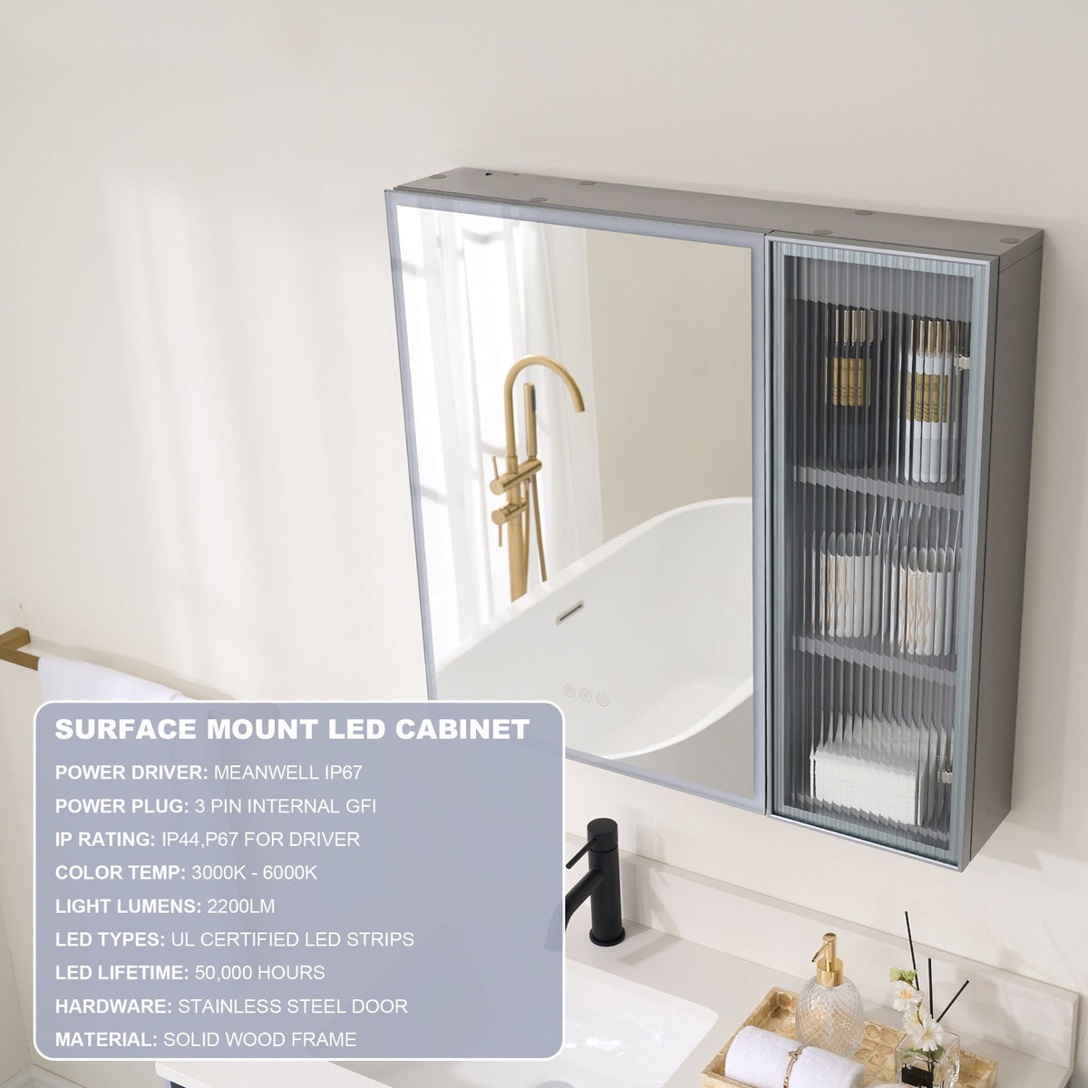 WELLFOR FLORA Solid Wood 30-in x 28-in Lighted LED Surface Mount Gray Mirrored Soft Close Medicine Cabinet