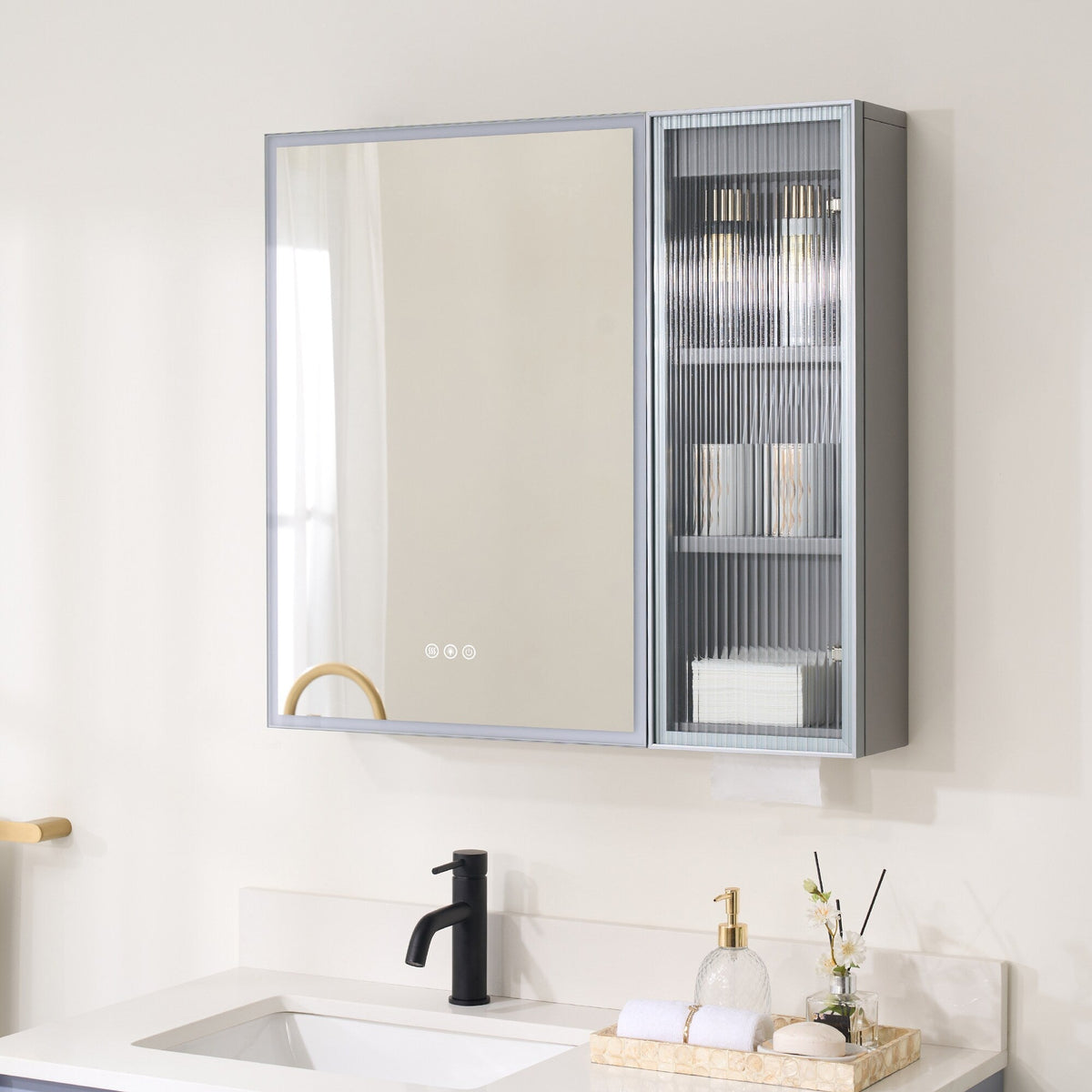 WELLFOR FLORA Solid Wood 30-in x 28-in Lighted LED Surface Mount Gray Mirrored Soft Close Medicine Cabinet