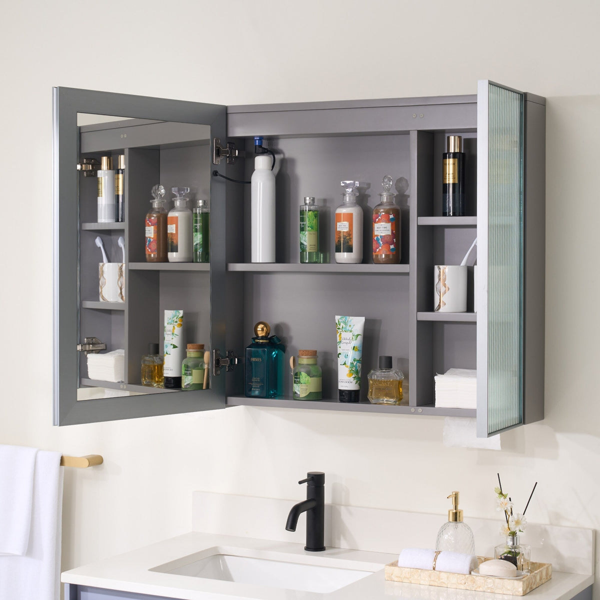 WELLFOR FLORA Solid Wood 30-in x 28-in Lighted LED Surface Mount Gray Mirrored Soft Close Medicine Cabinet