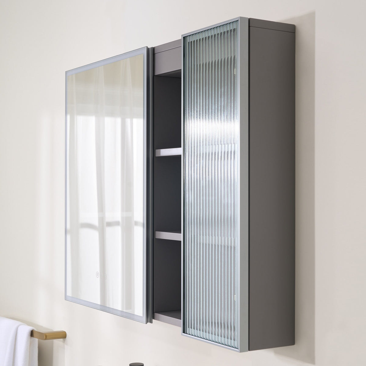 WELLFOR FLORA Solid Wood 36-in x 28-in Lighted LED Surface Mount Gray Mirrored Soft Close Medicine Cabinet