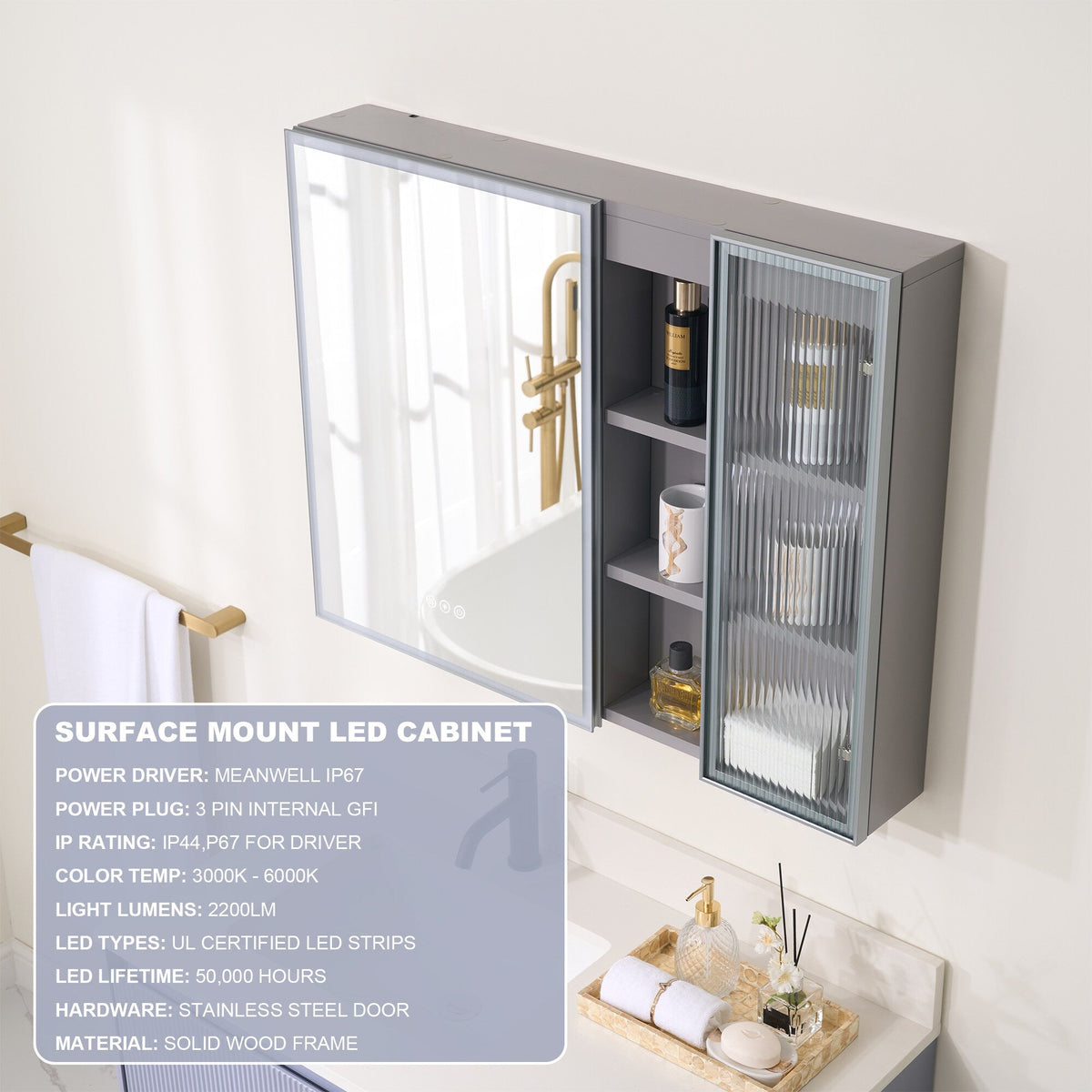 WELLFOR FLORA Solid Wood 36-in x 28-in Lighted LED Surface Mount Gray Mirrored Soft Close Medicine Cabinet