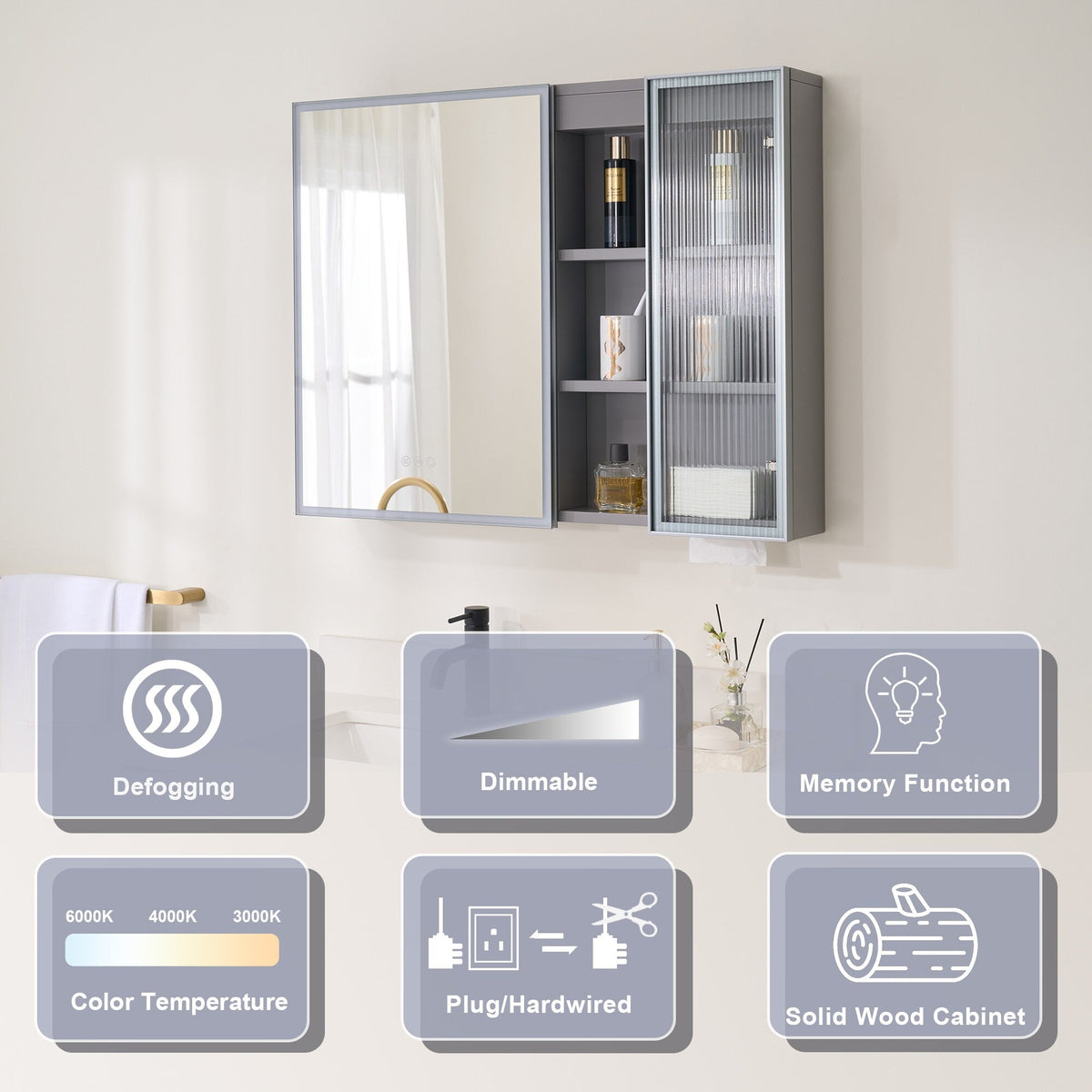 WELLFOR FLORA Solid Wood 36-in x 28-in Lighted LED Surface Mount Gray Mirrored Soft Close Medicine Cabinet