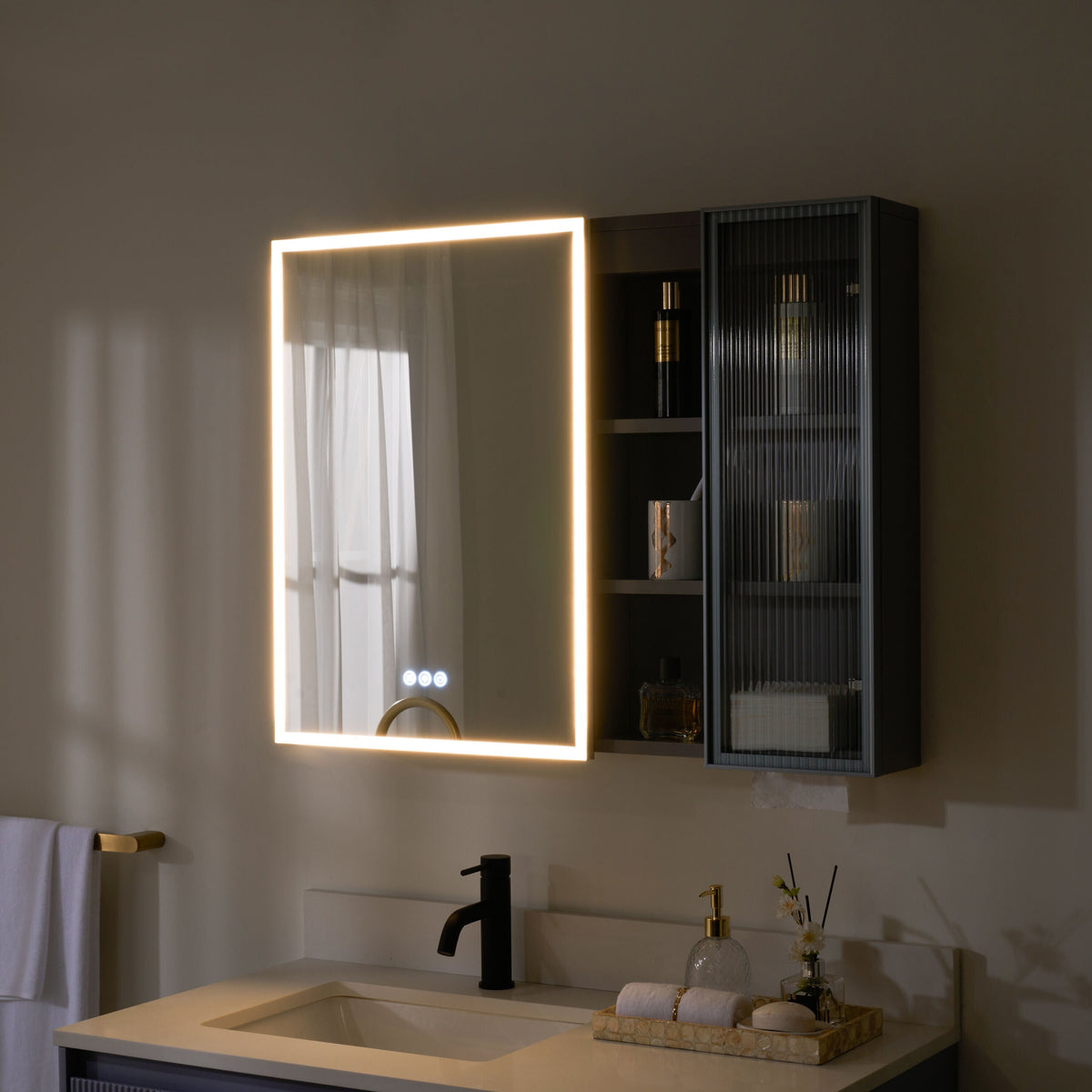 WELLFOR FLORA Solid Wood 36-in x 28-in Lighted LED Surface Mount Gray Mirrored Soft Close Medicine Cabinet