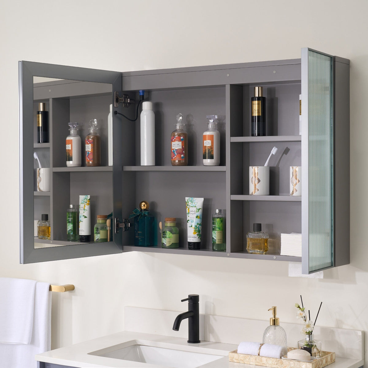 WELLFOR FLORA Solid Wood 36-in x 28-in Lighted LED Surface Mount Gray Mirrored Soft Close Medicine Cabinet