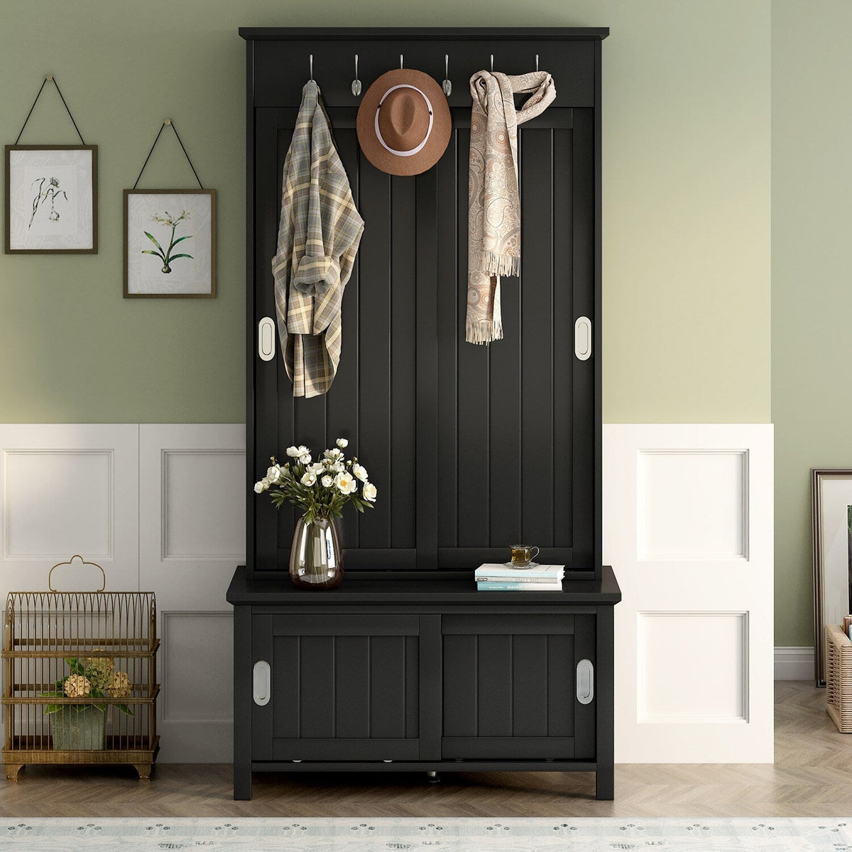 SINOFURN Craftsman 35.4-in Black Wood Hall Tree