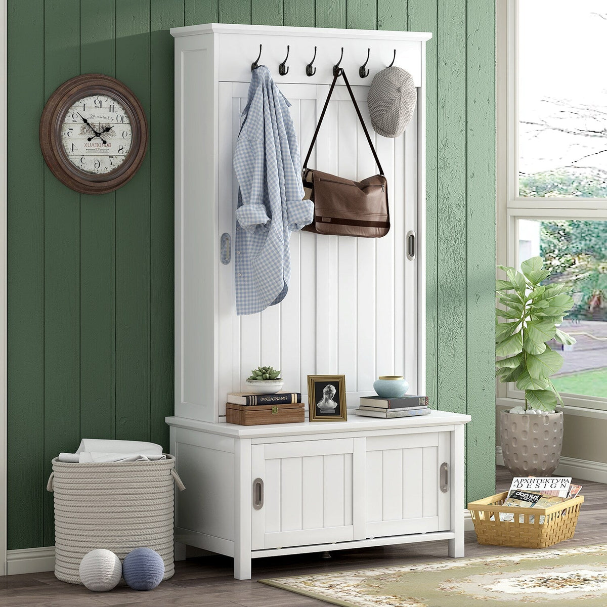 SINOFURN Craftsman 35.4-in White Wood Hall Tree