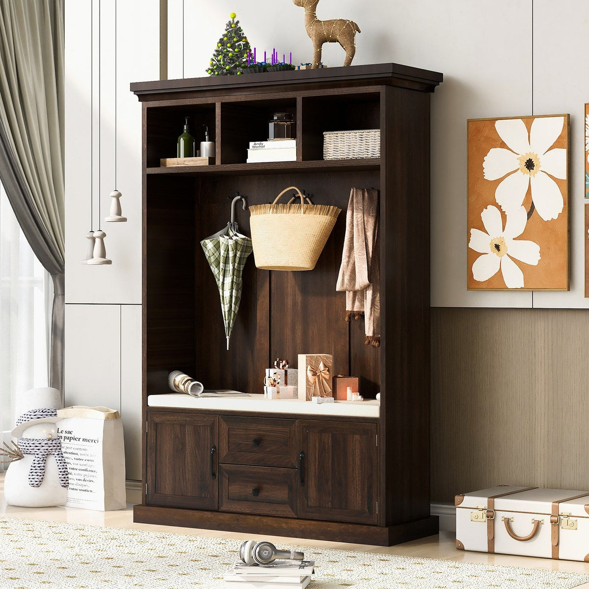SINOFURN Coastal 47.2-in Brown Wood Hall Tree