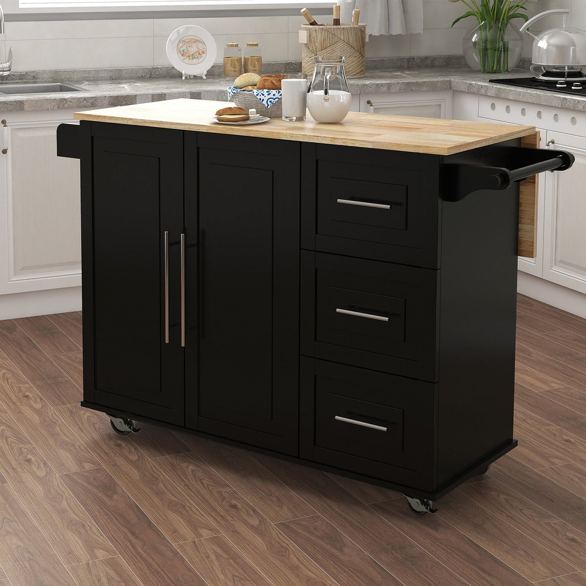 SINOFURN Black Mdf Base with Wood Top Rolling Kitchen Cart (16.9-in x 53.5-in x 36-in)