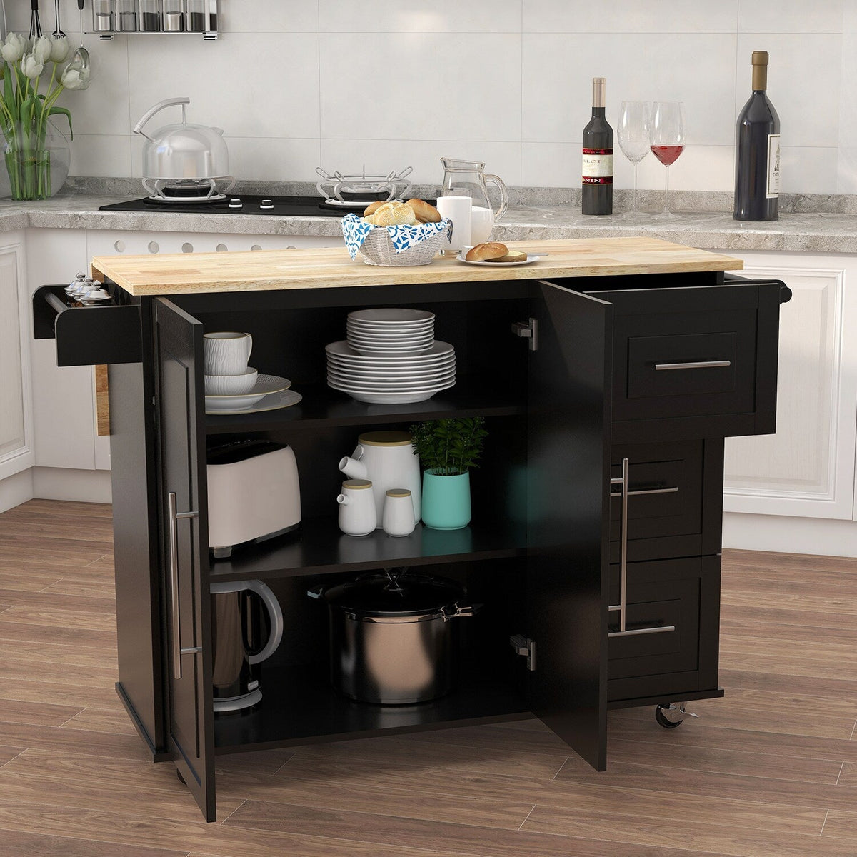 SINOFURN Black Mdf Base with Wood Top Rolling Kitchen Cart (16.9-in x 53.5-in x 36-in)