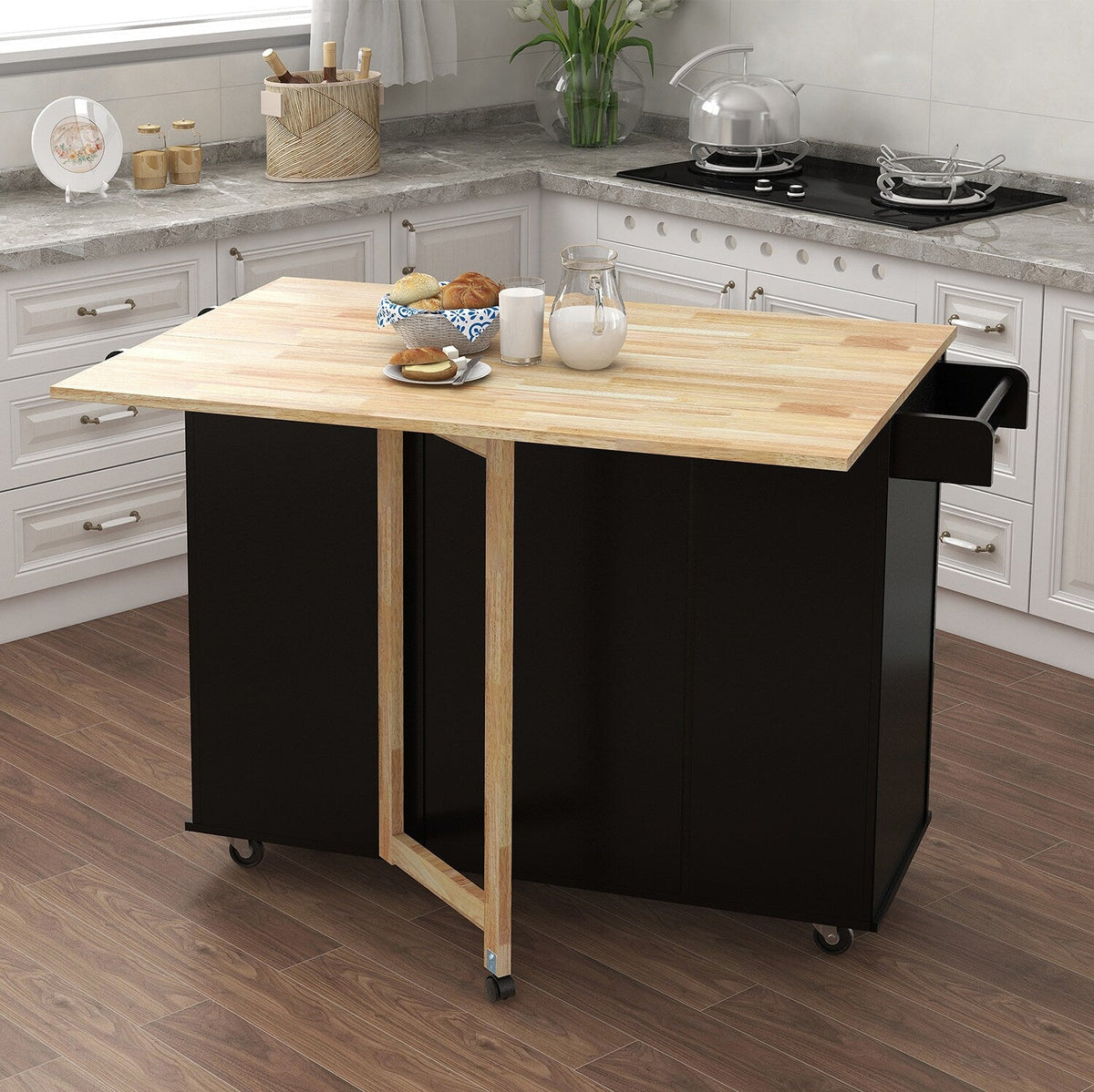 SINOFURN Black Mdf Base with Wood Top Rolling Kitchen Cart (16.9-in x 53.5-in x 36-in)