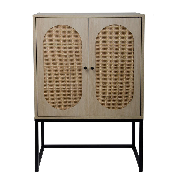 SINOFURN Traditional Wood Accent Chest with 2 Doors, Natural Finish, Adjustable Shelf, and Rattan Bark Decoration