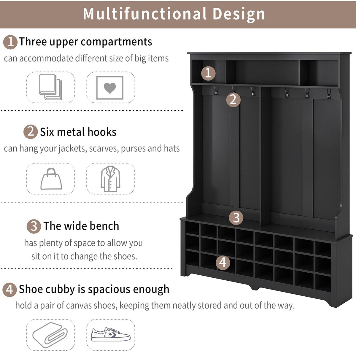 SINOFURN Hall Tree Entryway Bench with Shelves Cabinet