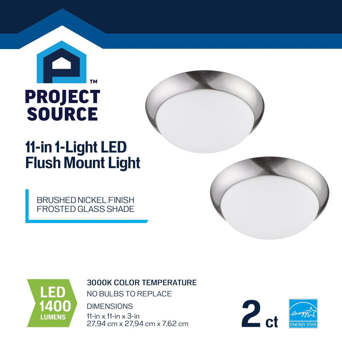 Project Source 2-Pack 11-in Brushed Nickel Integrated LED Flush Mount Ceiling Light, 3000K, 1400 Lumens