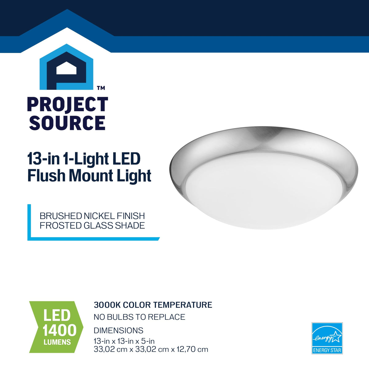 Project Source 13-in Brushed Nickel Traditional Flush Mount Light, Integrated LED, 3000K, Dimmable