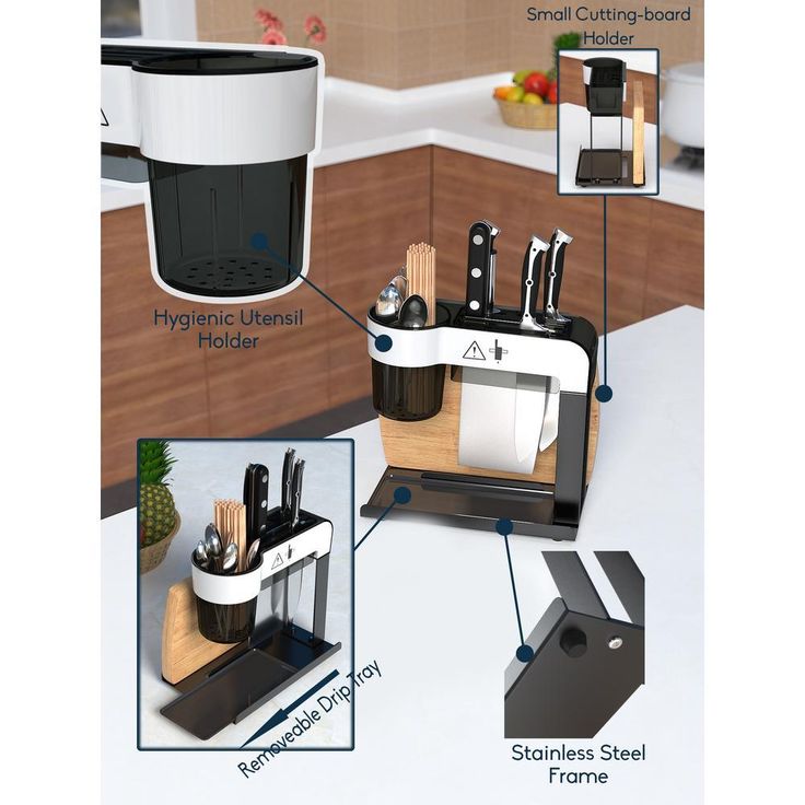 Black Stainless Steel Utensil and Cutlery Rack Kitchen Organizer Drip Tray Knife Storage Block with Cutting-board Holder