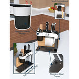 Black Stainless Steel Utensil and Cutlery Rack Kitchen Organizer Drip Tray Knife Storage Block with Cutting-board Holder