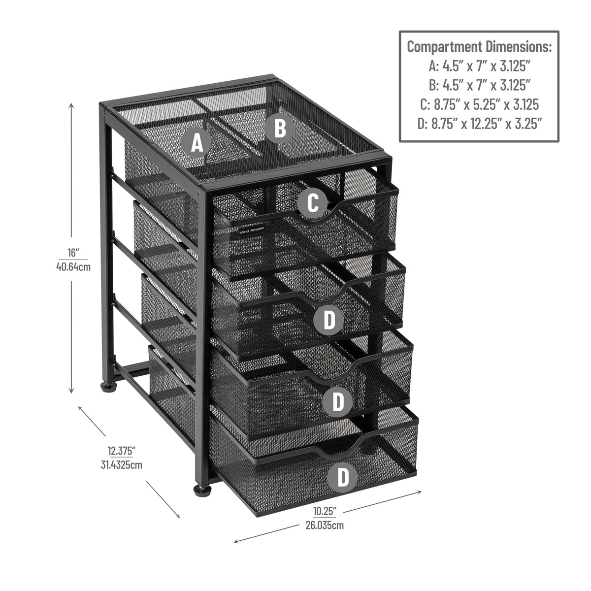 Mind Reader Black 4-Drawer 12.3-in File Cabinet