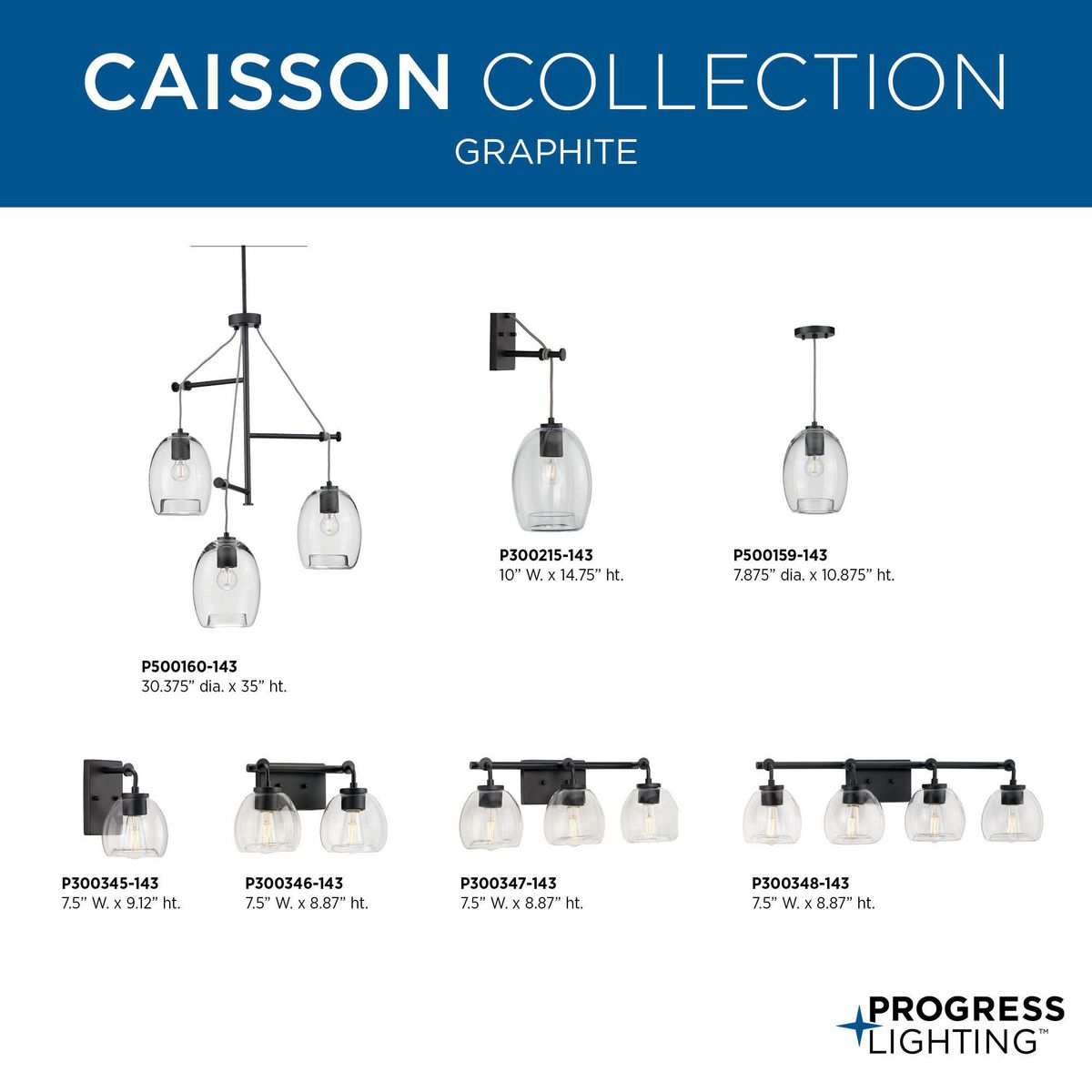 Progress Lighting Caisson 3-Light Graphite Bohemian/Global Clear Glass Globe Large Hanging Pendant Light