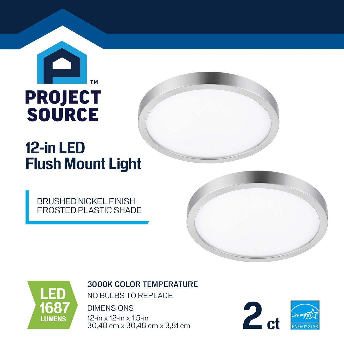 Project Source 2-Pack 12-in Brushed Nickel Transitional Integrated LED Flush Mount Light, 3000K, Dimmable