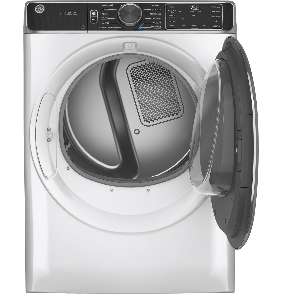 GE 7.8-cu ft Stackable Gas Dryer with Steam, Wi-Fi & Reversible Door (White) ENERGY STAR