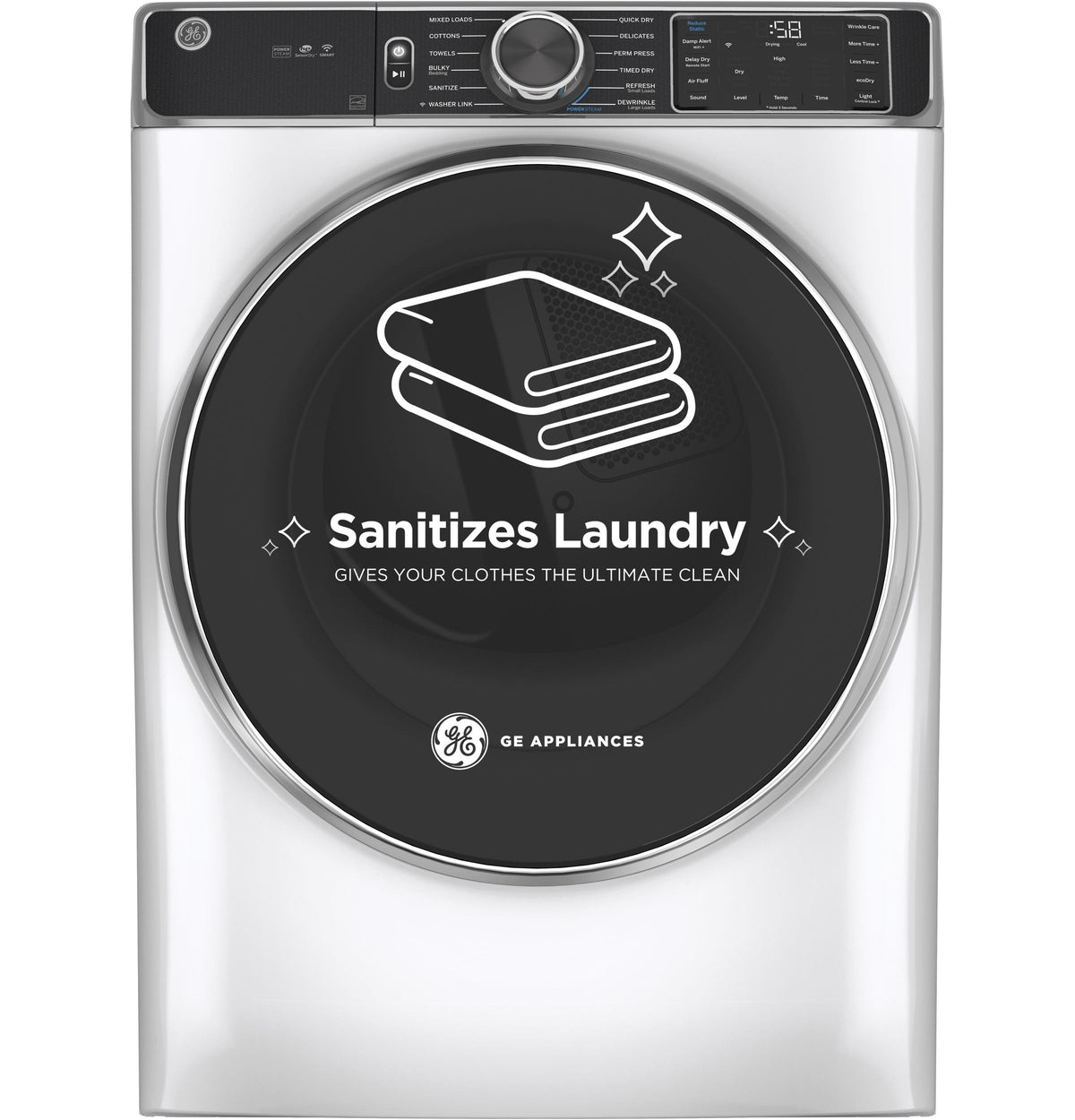 GE 7.8-cu ft Stackable Gas Dryer with Steam, Wi-Fi & Reversible Door (White) ENERGY STAR