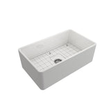 Classico Farmhouse Apron Front Fireclay 30 in. Single Bowl Kitchen Sink with Bottom Grid and Strainer in White - Super Arbor