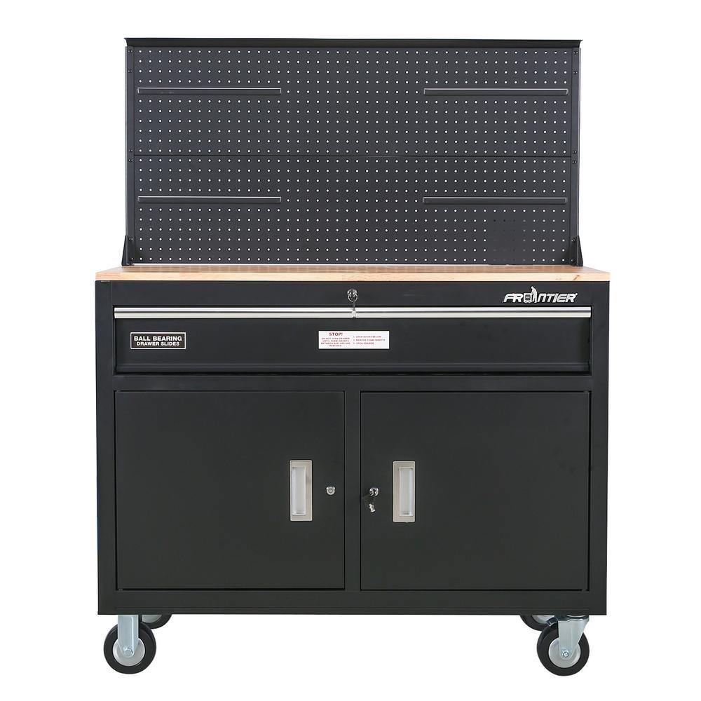 46 in. 1-Drawer Tool Chest Cabinet, Mobile Workbench Station with Pegboard in Black - Super Arbor