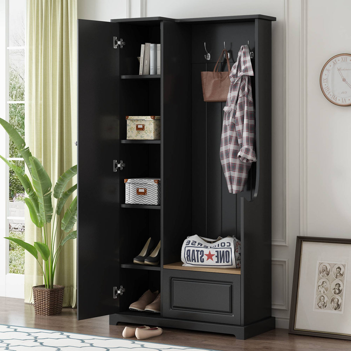 Yiekholo Casual 35.55-in Black Wood Hall Tree