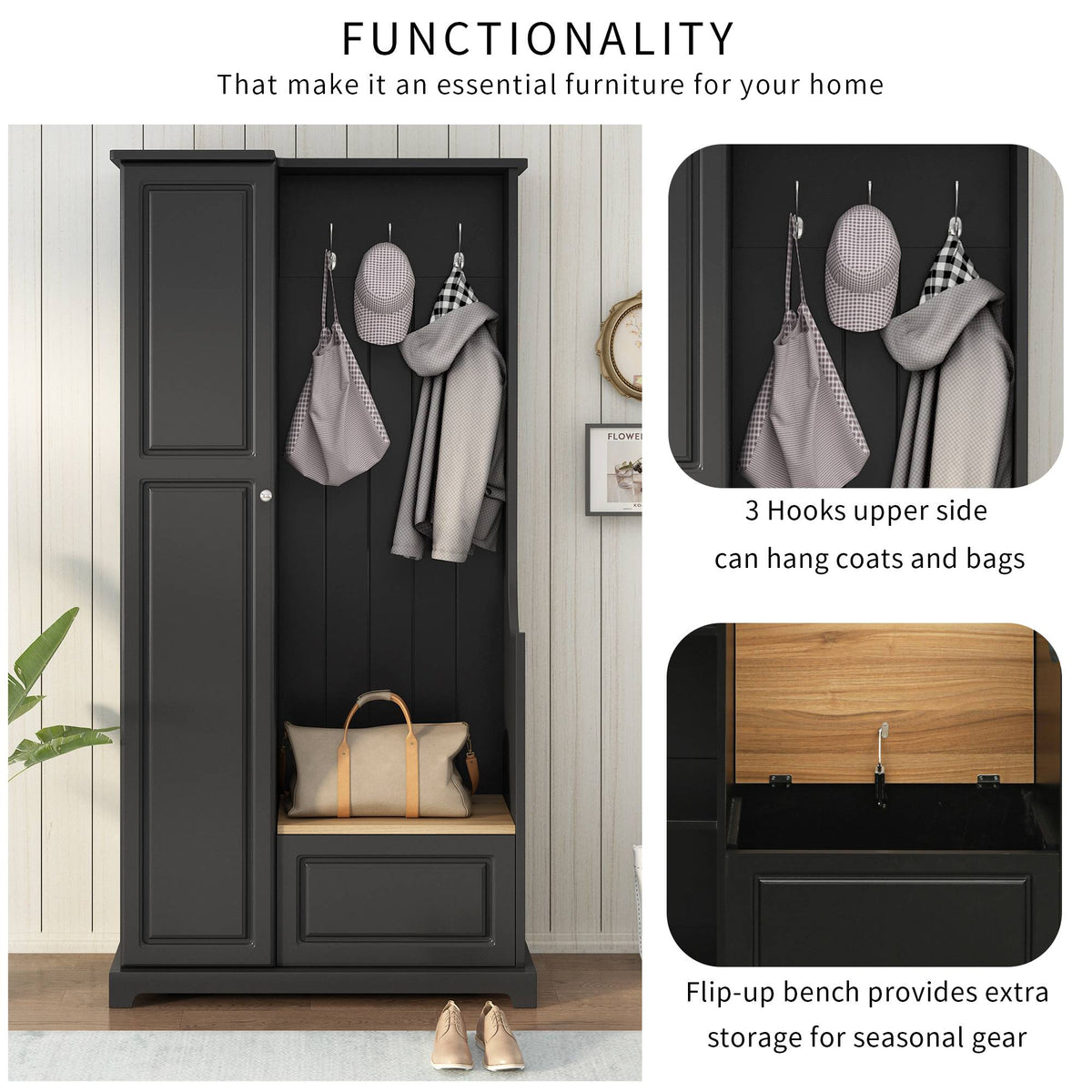 Yiekholo Casual 35.55-in Black Wood Hall Tree