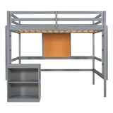 Yiekholo Gray Full Study Loft Bed with Writing Board, Built-in Desk, and Storage Cabinet