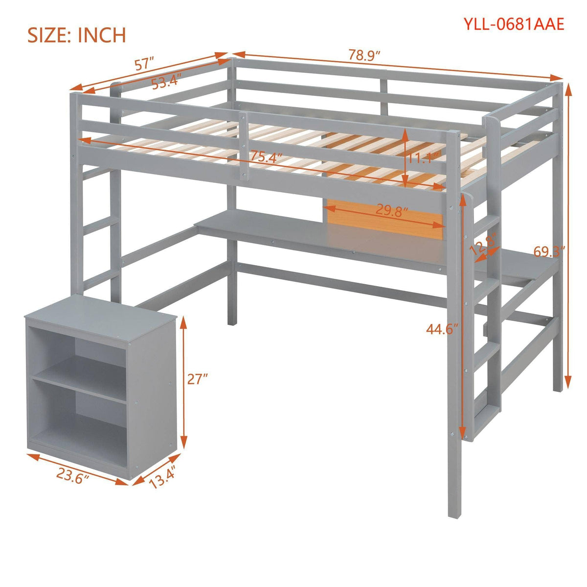 Yiekholo Gray Full Study Loft Bed with Writing Board, Built-in Desk, and Storage Cabinet