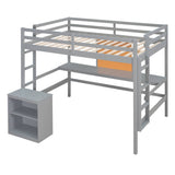 Yiekholo Gray Full Study Loft Bed with Writing Board, Built-in Desk, and Storage Cabinet