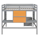 Yiekholo Gray Full Study Loft Bed with Writing Board, Built-in Desk, and Storage Cabinet
