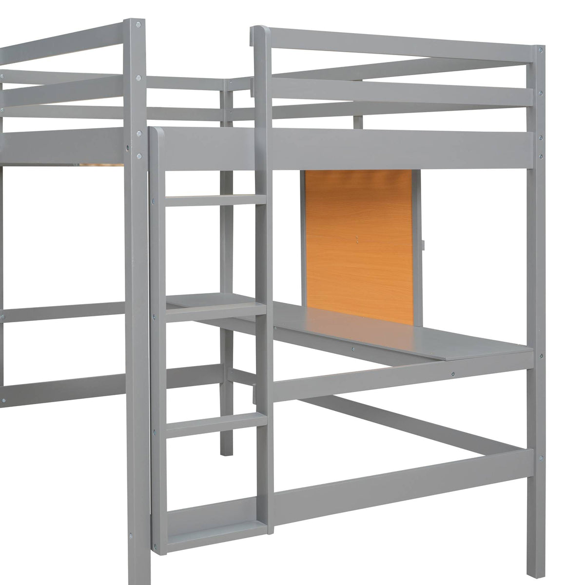 Yiekholo Gray Full Study Loft Bed with Writing Board, Built-in Desk, and Storage Cabinet