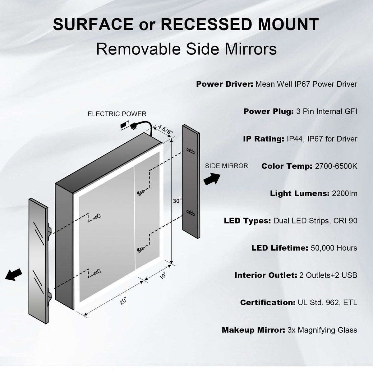Forclover 30-in x 30-in Lighted LED Fog Free Surface/Recessed Mount Silver Mirrored Soft Close Medicine Cabinet with Outlet