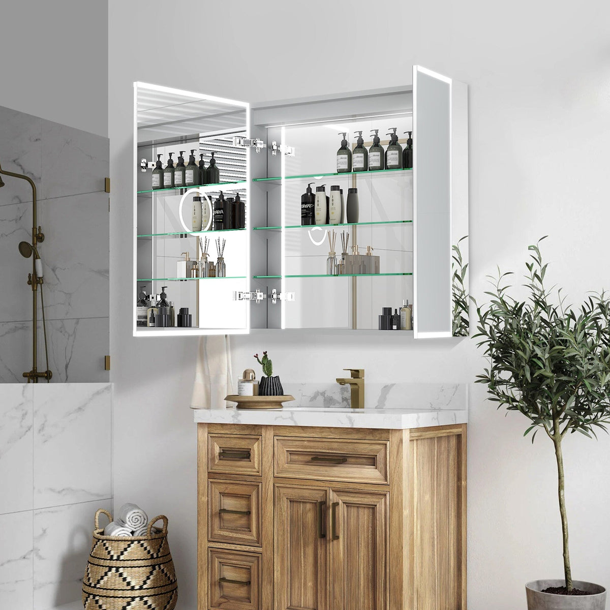 Forclover 30-in x 30-in Lighted LED Fog Free Surface/Recessed Mount Silver Mirrored Soft Close Medicine Cabinet with Outlet